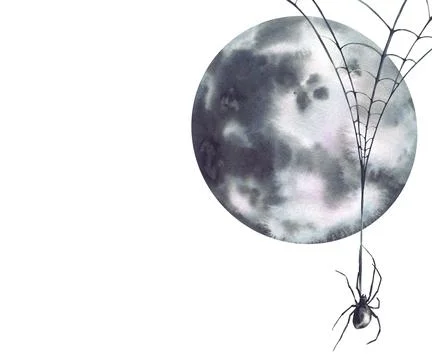 Spider hangs on the web agains full moon light. Mysterious and eerie atmosphere Stock Illustration