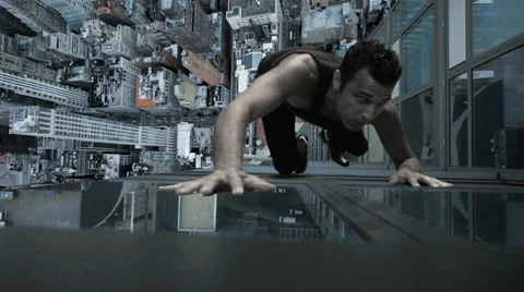 Spider man climbing wall of skyscraper. skyline city background. superhero man Stock Footage 32026123