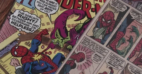 Spider Man Comic Books - Panning shot - Open Comic Book Stock Footage 84726529