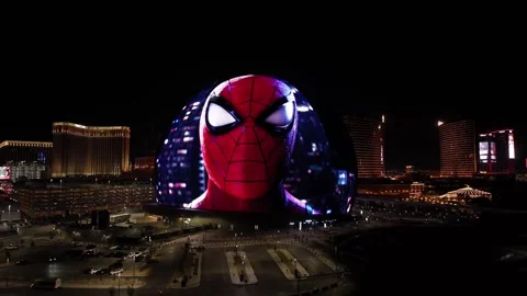 Spider Man MSG Sphere Las Vegas 4k 30 FPS DRONE SHOT Stock Footage 254139227