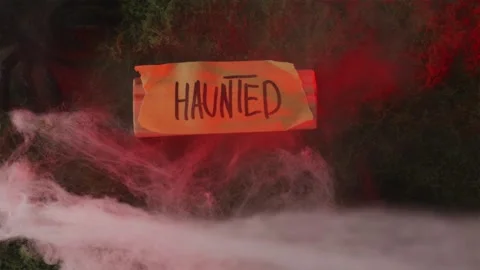 Spider shadow crawling over Haunted sign in smoky red light Stock-Footage 342520383