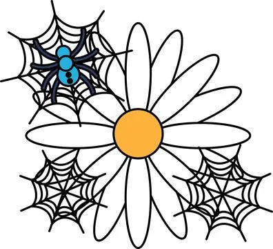 Spider sits on a web near a daisy イラスト素材
