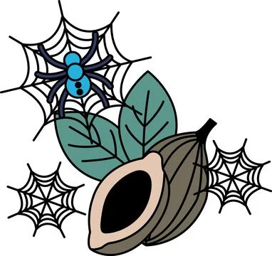 Spider sits in web, surrounded by leaves and fruit イラスト素材