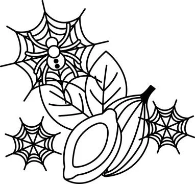 Spider sits in web, surrounded by leaves and fruit イラスト素材