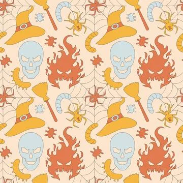 Spider, skull, web, hat, fire, broom, bugs. Stock Illustration