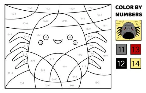 Spider. Solve the problem, color the picture. Addition, Subtraction Coloring Stock Illustration
