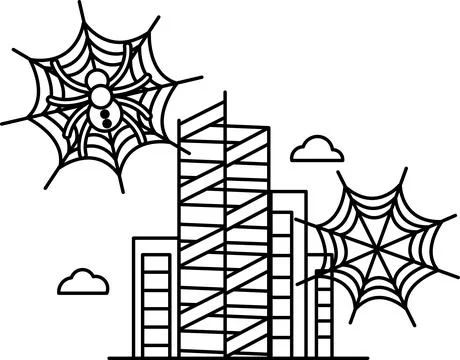 Spider weaves intricate web above modern skyscrapers イラスト素材