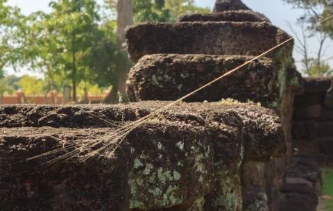 Spider web on ancient castle stone wall Stock Photos
