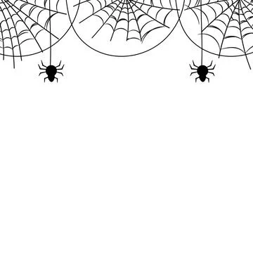 Spider Web and Hanging Spider Halloween Decoration Frame Line Art Background Stock Illustration