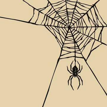 Spider web and spider silhouette on beige square background have blank space. Stock Illustration