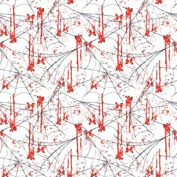 Spider web with Blood splatters and stains seamless pattern. Watercolor painted Stock Illustration
