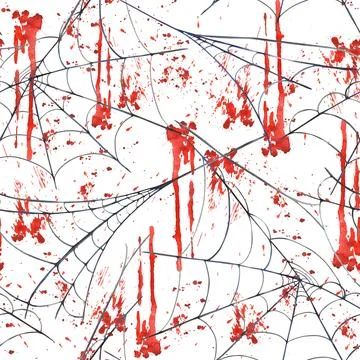 Spider web with Blood splatters and stains seamless pattern. Watercolor painted Stock Illustration