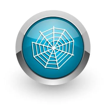 Spider web blue silver metallic chrome border web and mobile phone icon on wh Stock Illustration