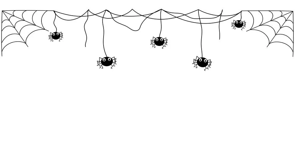 Spider Web Border Vector: Halloween Hanging Spiders and Cobwebs Line Garlands 스톡 일러스트
