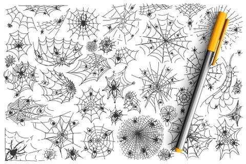 Spider web doodle set collection Stock Illustration
