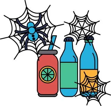 Spider web hangs above drink bottles イラスト素材