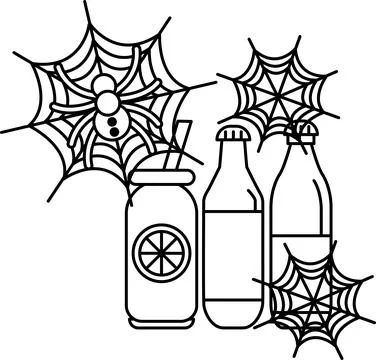 Spider web hangs above drink bottles イラスト素材