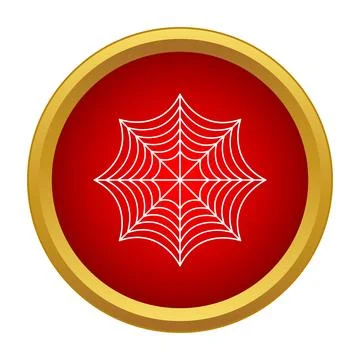 Spider web icon on red circle with golden frame Stock Illustration