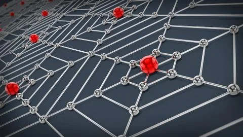 Spider web network with connected metal spheres. 3D illustration イラスト素材