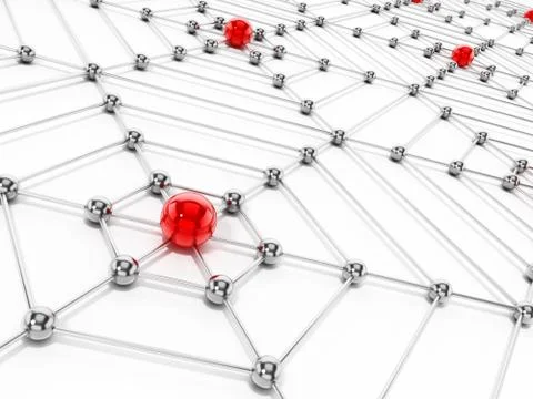 Spider web network with connected metal spheres. 3D illustration Illustrazione stock