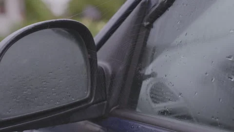 Spider web on old blue car side mirror in rainy morning time outside Stock Footage 252040912