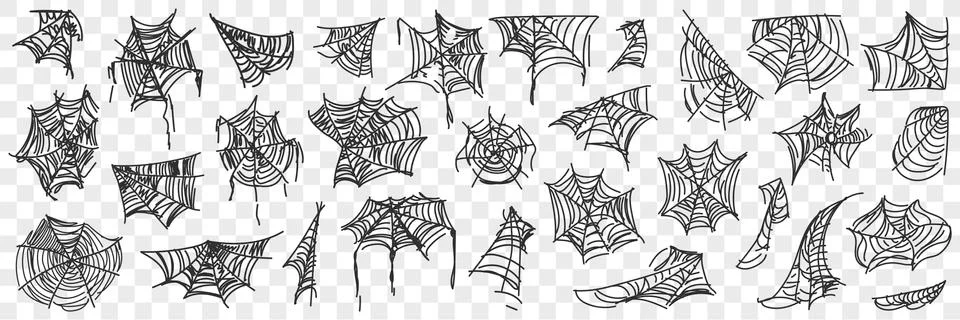 Spider web patterns doodle set Stock Illustration