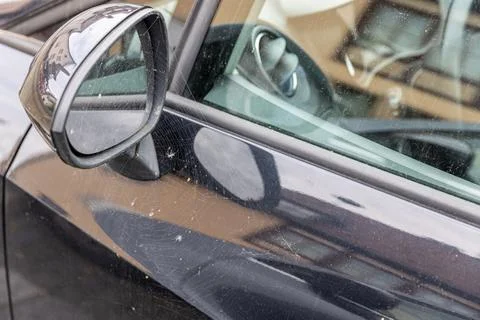Spider web on rear view mirror of abandoned car Stock Photos