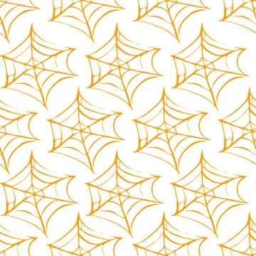 Spider web seamless hand drawn pattern. White black orange background. Hallow Ilustración de archivo
