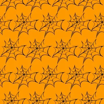 Spider web seamless hand drawn pattern. White black orange background. Hallow Stock Illustration