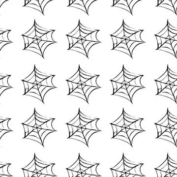 Spider web seamless hand drawn pattern. White black orange background. Hallow Illustrazione stock
