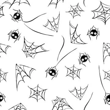 Spider web seamless hand drawn pattern. White black orange background. Hallow Stock Illustration