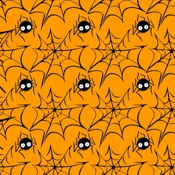 Spider web seamless hand drawn pattern. White black orange background. Hallow Stock Illustration