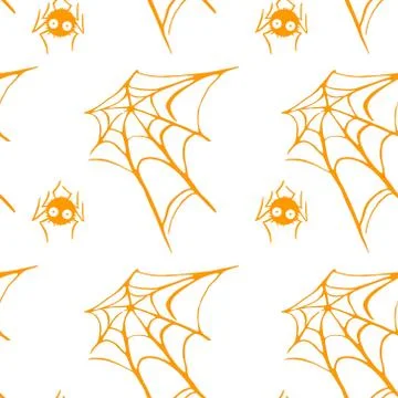 Spider web seamless hand drawn pattern. White black orange background. Hallow Stock Illustration