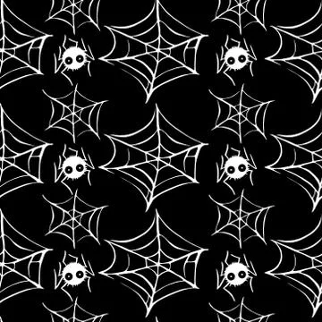 Spider web seamless hand drawn pattern. White black orange background. Hallow Stock Illustration