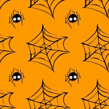 Spider web seamless hand drawn pattern. White black orange background. Hallow Stock Illustration