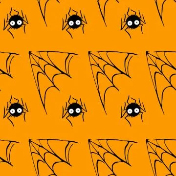 Spider web seamless hand drawn pattern. White black orange background. Hallow Stock Illustration