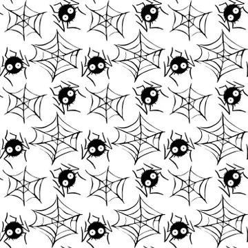 Spider web seamless hand drawn pattern. White black orange background. Hallow Stock Illustration