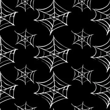 Spider web seamless hand drawn pattern. White black orange background. Hallow Ilustración de archivo