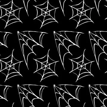 Spider web seamless hand drawn pattern. White black orange background. Hallow Ilustración de archivo
