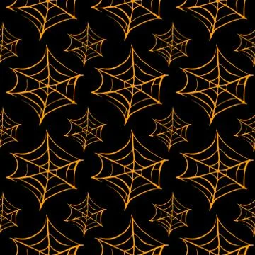 Spider web seamless hand drawn pattern. White black orange background. Hallow Stock Illustration