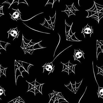 Spider web seamless hand drawn pattern. White black orange background. Hallow Stock Illustration