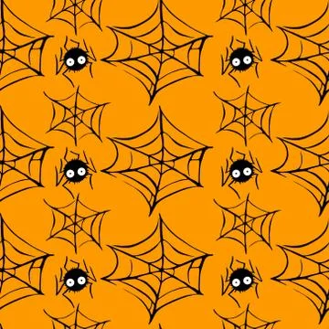 Spider web seamless hand drawn pattern. White black orange background. Hallow Stock Illustration