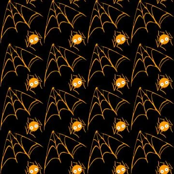Spider web seamless hand drawn pattern. White black orange background. Hallow Stock Illustration