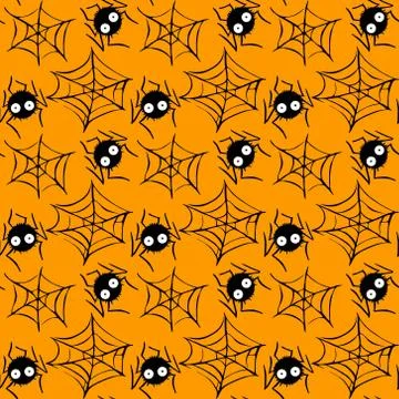 Spider web seamless hand drawn pattern. White black orange background. Hallow 스톡 일러스트