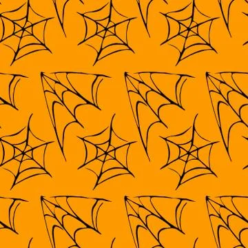 Spider web seamless hand drawn pattern. White black orange background. Hallow Stock Illustration