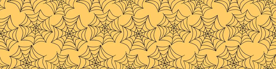 Spider web seamless pattern. Vector orange Halloween texture, background, hor Stock Illustration