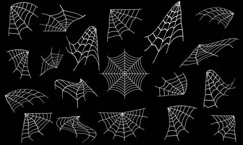 Spider web set. Halloween hand drawn cobweb collection.Spiderweb icon.Isola.. Illustrazione stock