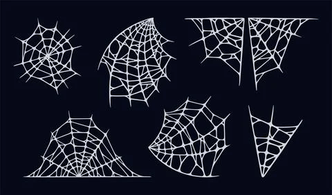 Spider web set isolated on black background. Spooky Halloween cobwebs. Vector Stock Illustration