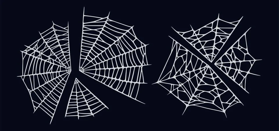 Spider web set isolated on black background. Spooky Halloween cobwebs. Vector Stock Illustration