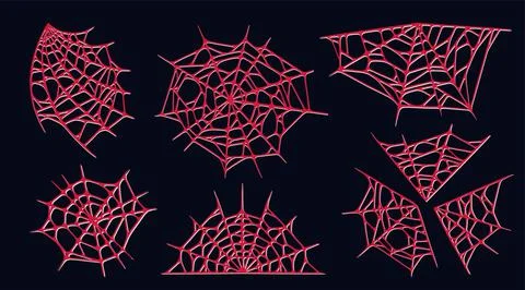 Spider web set isolated on dark background. Spooky Halloween red cobwebs. Vector Illustrazione stock